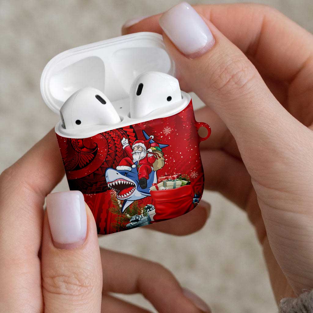 Funny Santa Riding Shark AirPods Case Polynesian Tribal Christmas Spirit - Polynesian Pride