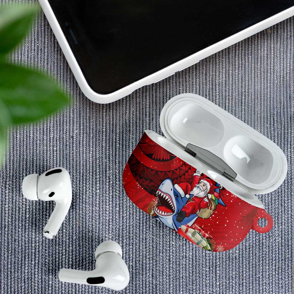 Funny Santa Riding Shark AirPods Case Polynesian Tribal Christmas Spirit - Polynesian Pride