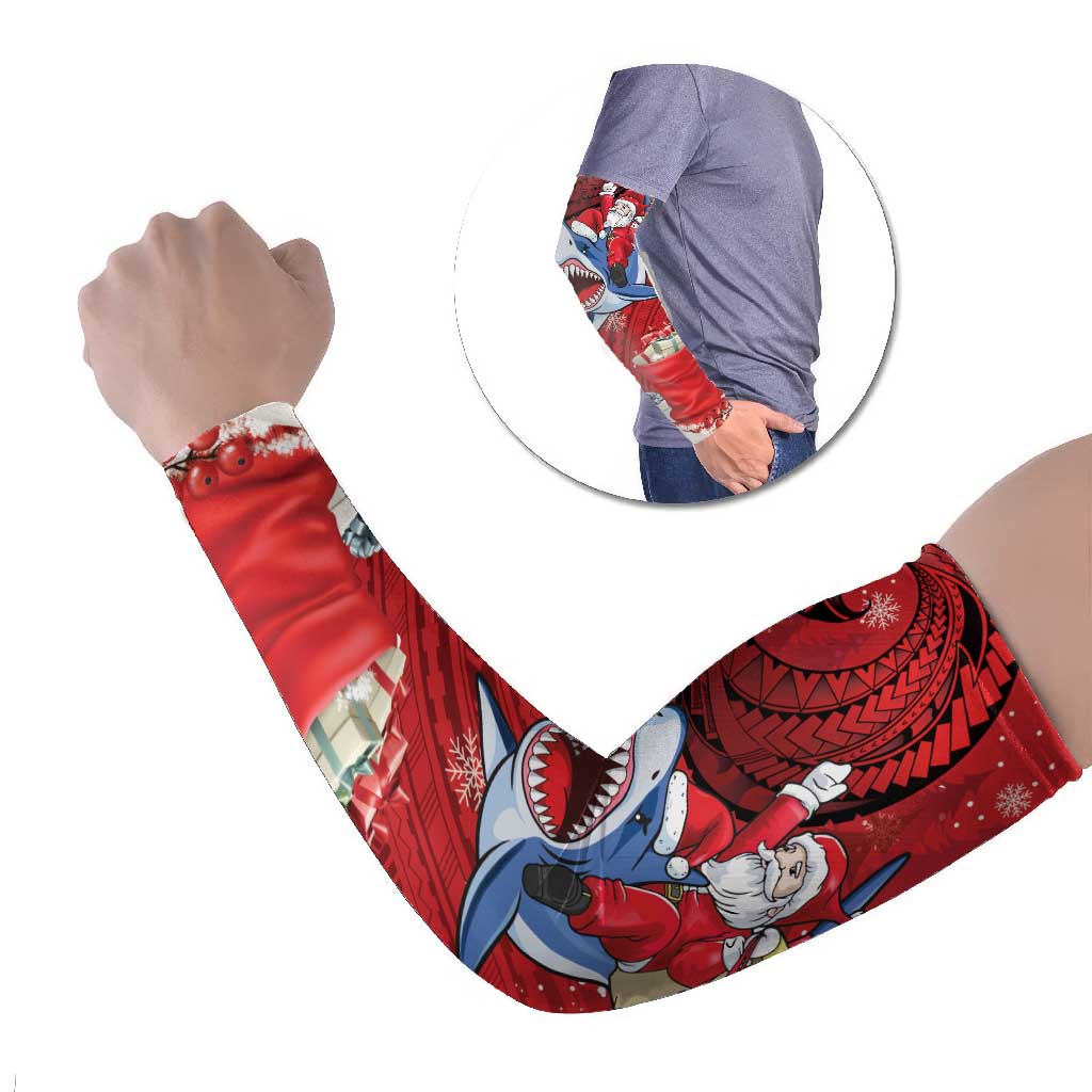 Funny Santa Riding Shark Arm Sleeves Polynesian Tribal Christmas Spirit - Polynesian Pride