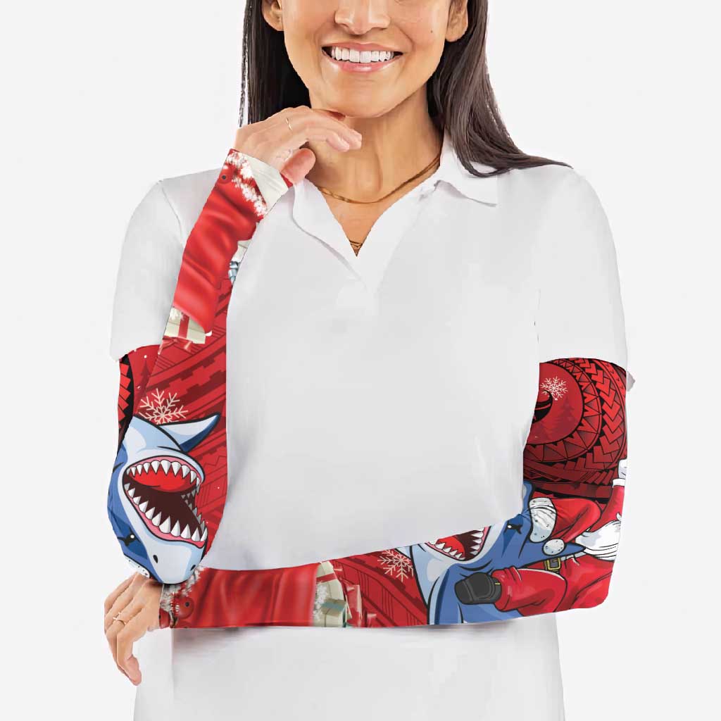 Funny Santa Riding Shark Arm Sleeves Polynesian Tribal Christmas Spirit - Polynesian Pride