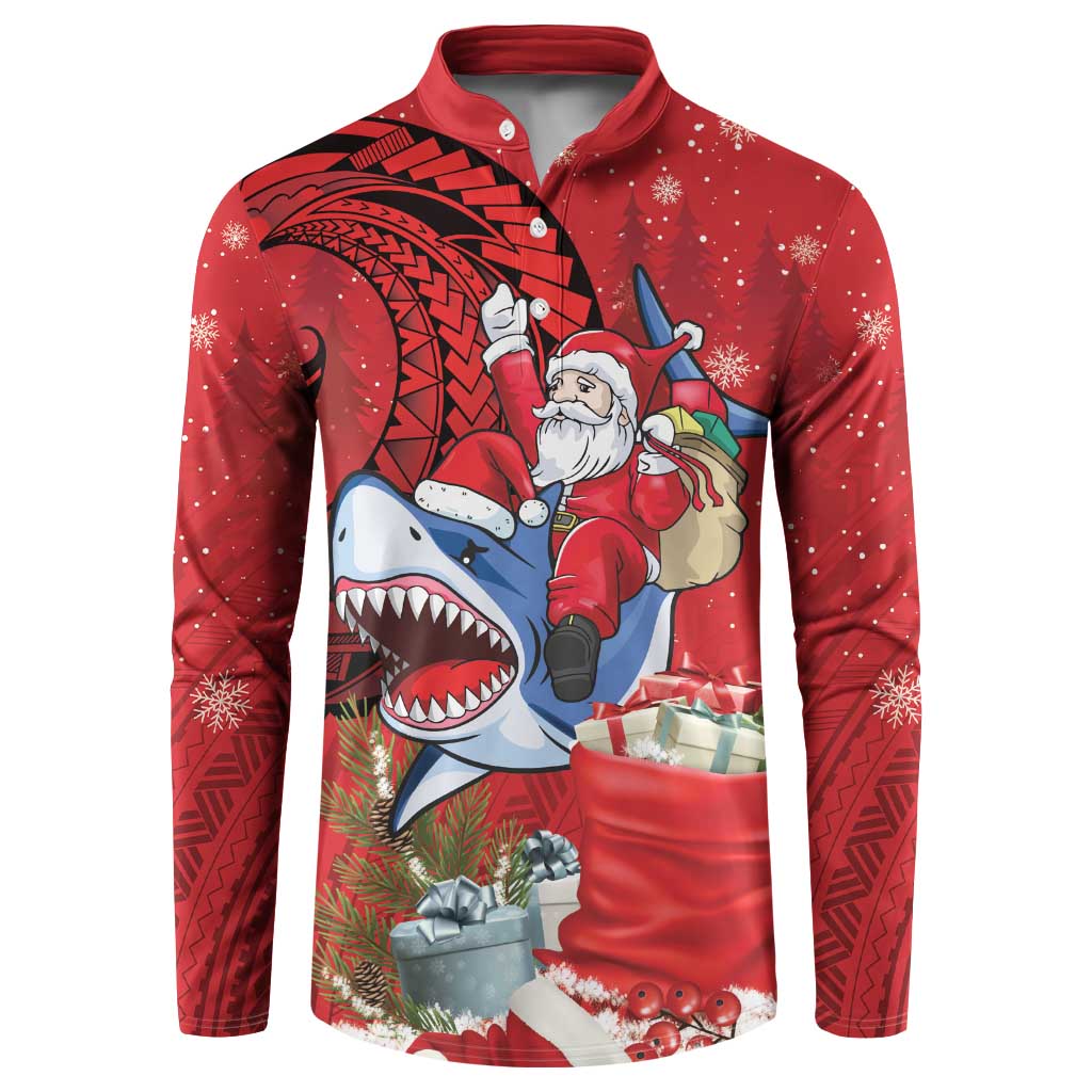 Funny Santa Riding Shark Button Sweatshirt Polynesian Tribal Christmas Spirit LT9 Red - Polynesian Pride