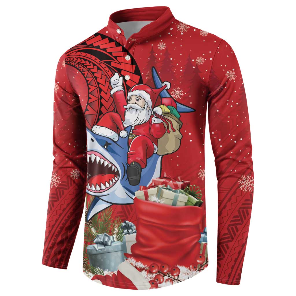 Funny Santa Riding Shark Button Sweatshirt Polynesian Tribal Christmas Spirit LT9 - Polynesian Pride