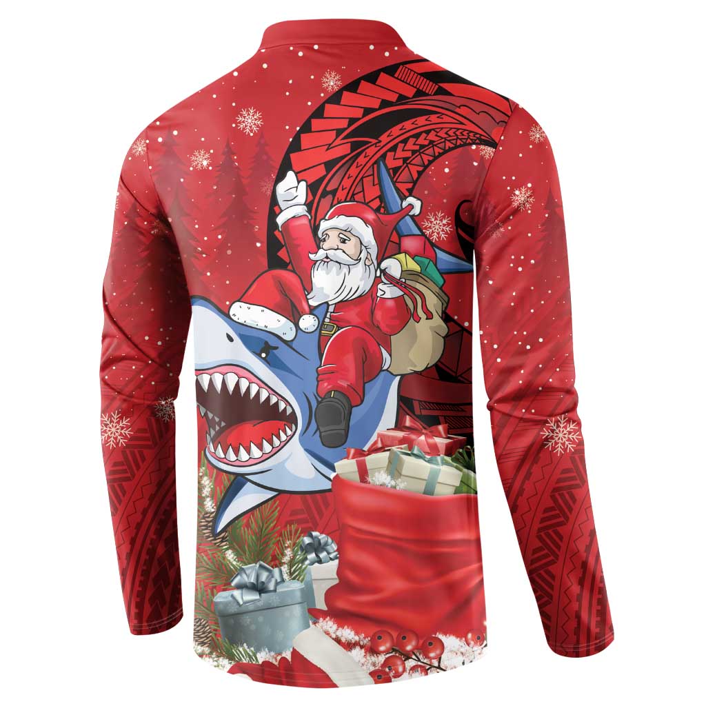 Funny Santa Riding Shark Button Sweatshirt Polynesian Tribal Christmas Spirit LT9 - Polynesian Pride