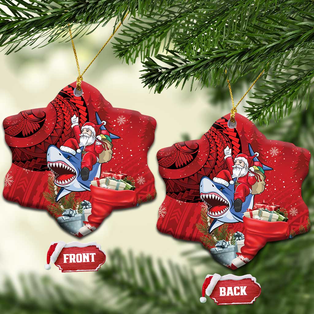 Funny Santa Riding Shark Ceramic Ornament Polynesian Tribal Christmas Spirit - Polynesian Pride