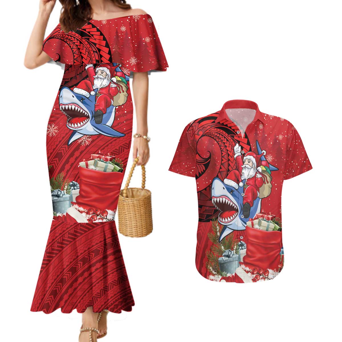 Funny Santa Riding Shark Couples Matching Mermaid Dress and Hawaiian Shirt Polynesian Tribal Christmas Spirit - Polynesian Pride
