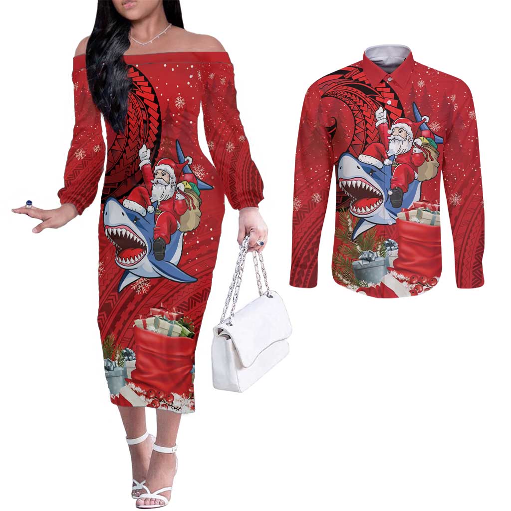Funny Santa Riding Shark Couples Matching Off The Shoulder Long Sleeve Dress and Long Sleeve Button Shirt Polynesian Tribal Christmas Spirit - Polynesian Pride