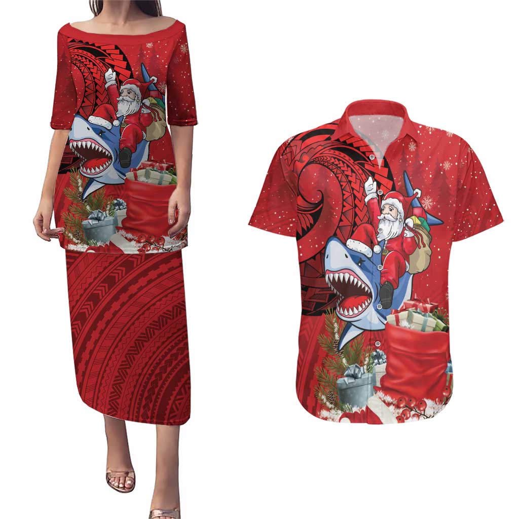 Funny Santa Riding Shark Couples Matching Puletasi and Hawaiian Shirt Polynesian Tribal Christmas Spirit - Polynesian Pride