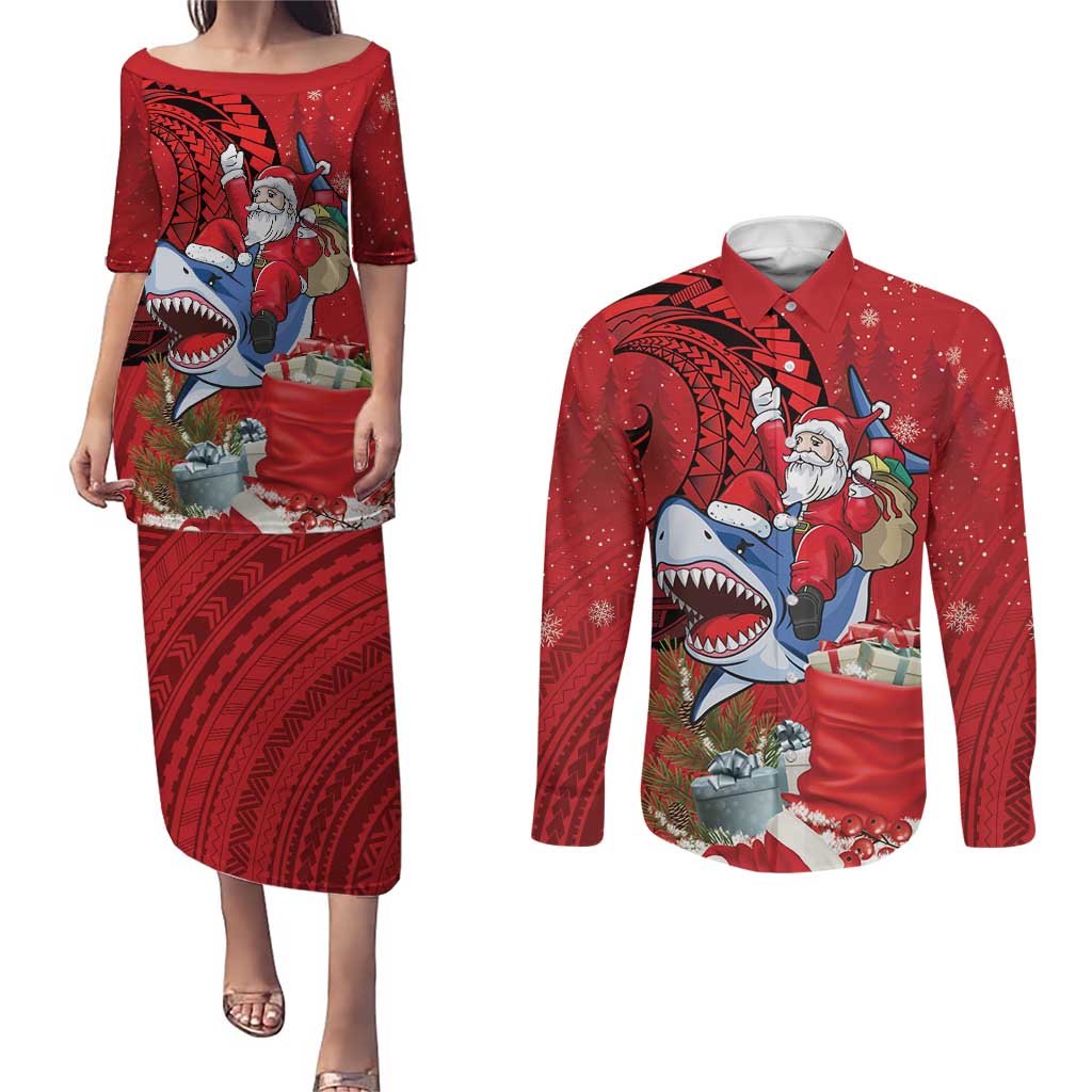 Funny Santa Riding Shark Couples Matching Puletasi and Long Sleeve Button Shirt Polynesian Tribal Christmas Spirit - Polynesian Pride