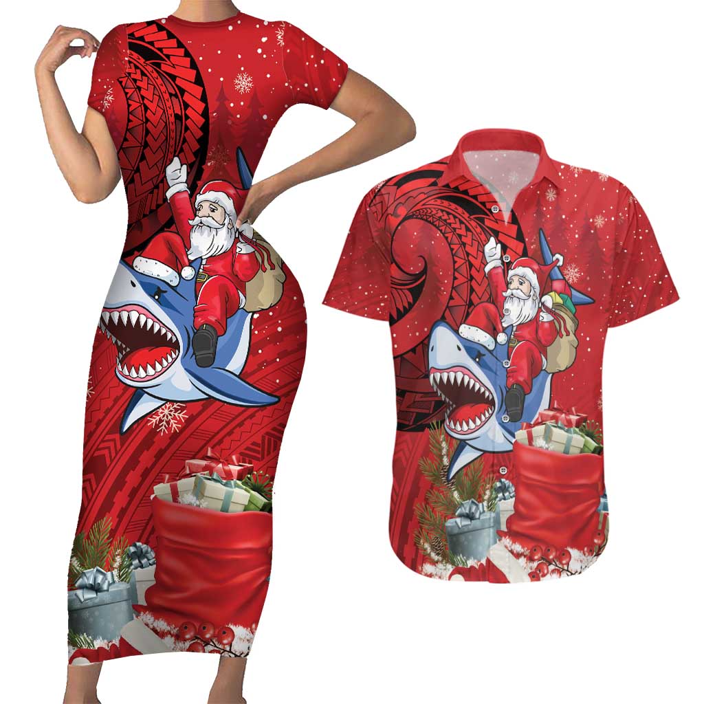 Funny Santa Riding Shark Couples Matching Short Sleeve Bodycon Dress and Hawaiian Shirt Polynesian Tribal Christmas Spirit - Polynesian Pride