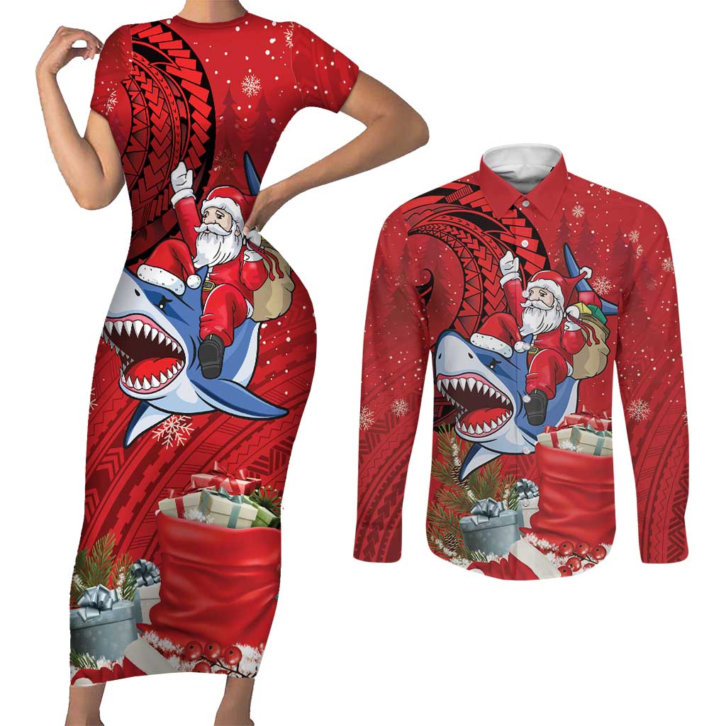 Funny Santa Riding Shark Couples Matching Short Sleeve Bodycon Dress and Long Sleeve Button Shirt Polynesian Tribal Christmas Spirit - Polynesian Pride