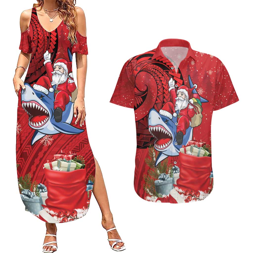 Funny Santa Riding Shark Couples Matching Summer Maxi Dress and Hawaiian Shirt Polynesian Tribal Christmas Spirit LT9 Red - Polynesian Pride