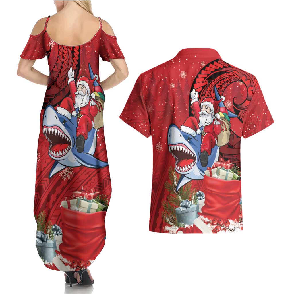 Funny Santa Riding Shark Couples Matching Summer Maxi Dress and Hawaiian Shirt Polynesian Tribal Christmas Spirit LT9 - Polynesian Pride
