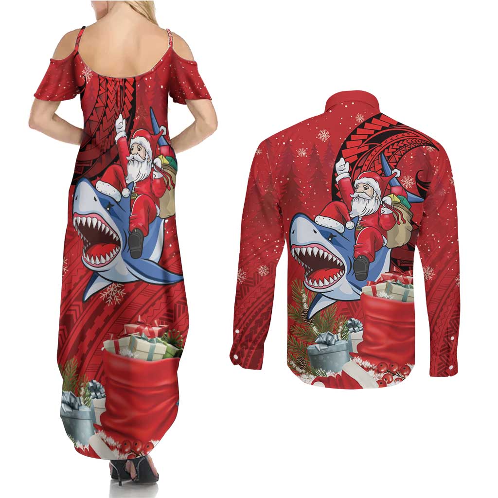 Funny Santa Riding Shark Couples Matching Summer Maxi Dress and Long Sleeve Button Shirt Polynesian Tribal Christmas Spirit - Polynesian Pride