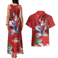 Funny Santa Riding Shark Couples Matching Tank Maxi Dress and Hawaiian Shirt Polynesian Tribal Christmas Spirit - Polynesian Pride
