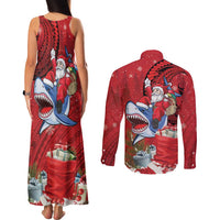 Funny Santa Riding Shark Couples Matching Tank Maxi Dress and Long Sleeve Button Shirt Polynesian Tribal Christmas Spirit - Polynesian Pride