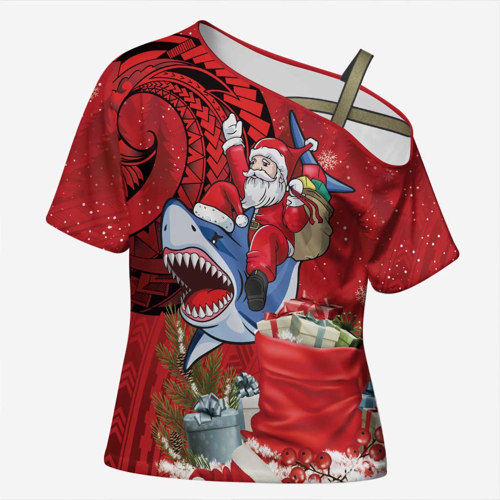 Funny Santa Riding Shark Cross Shoulder Shirt Polynesian Tribal Christmas Spirit LT9 Female Red - Polynesian Pride