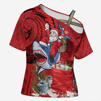 Funny Santa Riding Shark Cross Shoulder Shirt Polynesian Tribal Christmas Spirit LT9 Female Red - Polynesian Pride