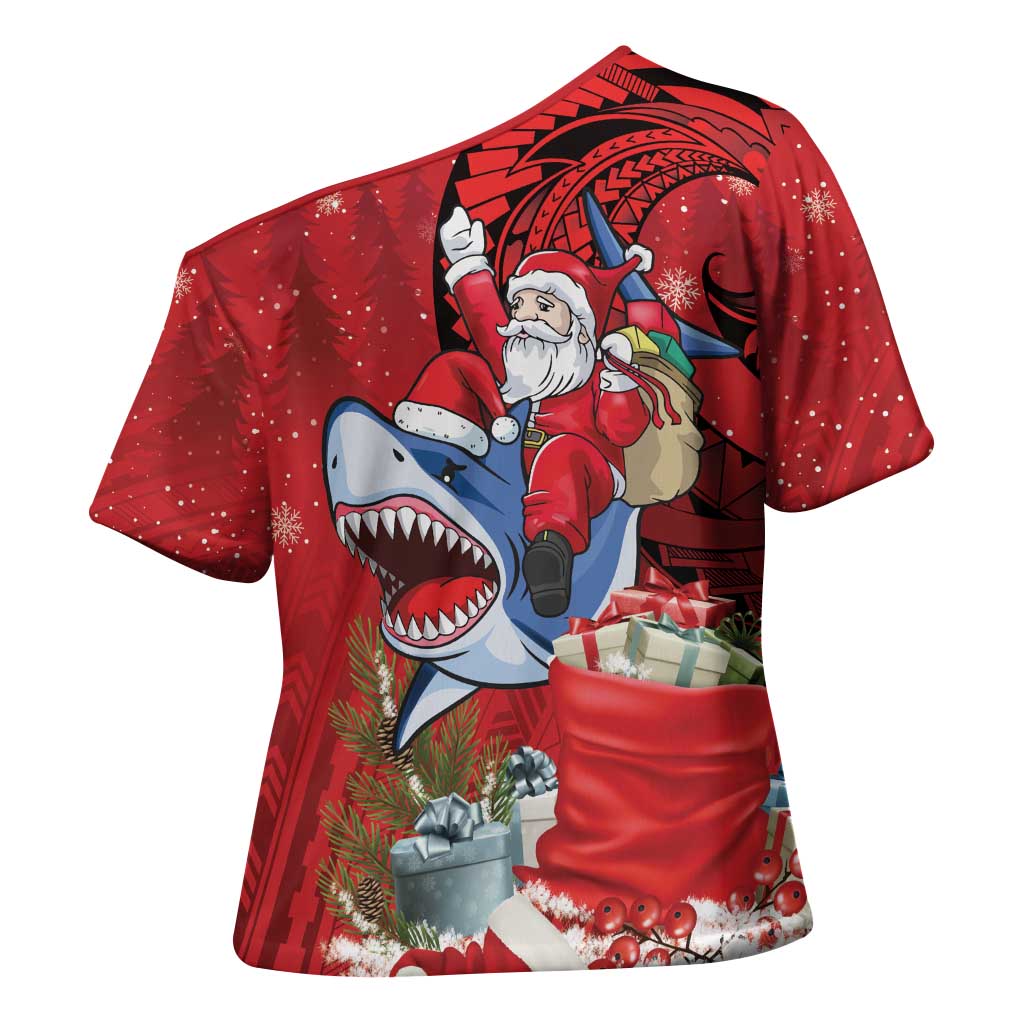 Funny Santa Riding Shark Cross Shoulder Shirt Polynesian Tribal Christmas Spirit LT9 - Polynesian Pride