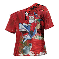 Funny Santa Riding Shark Cross Shoulder Shirt Polynesian Tribal Christmas Spirit LT9 - Polynesian Pride