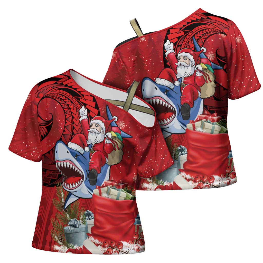 Funny Santa Riding Shark Cross Shoulder Shirt Polynesian Tribal Christmas Spirit LT9 - Polynesian Pride