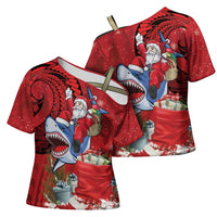 Funny Santa Riding Shark Cross Shoulder Shirt Polynesian Tribal Christmas Spirit LT9 - Polynesian Pride