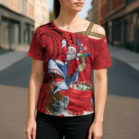 Funny Santa Riding Shark Cross Shoulder Shirt Polynesian Tribal Christmas Spirit LT9 - Polynesian Pride