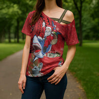 Funny Santa Riding Shark Cross Shoulder Shirt Polynesian Tribal Christmas Spirit LT9 - Polynesian Pride
