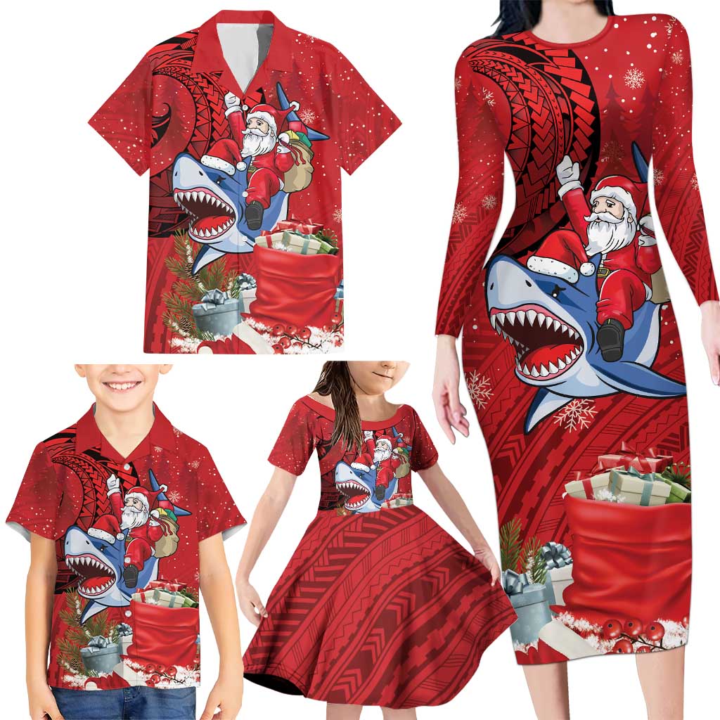 Funny Santa Riding Shark Family Matching Long Sleeve Bodycon Dress and Hawaiian Shirt Polynesian Tribal Christmas Spirit - Polynesian Pride