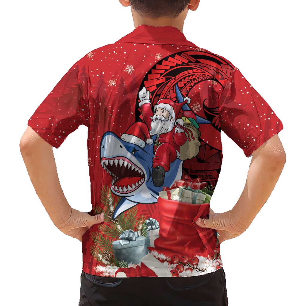 Funny Santa Riding Shark Family Matching Off The Shoulder Long Sleeve Dress and Hawaiian Shirt Polynesian Tribal Christmas Spirit LT9 - Polynesian Pride