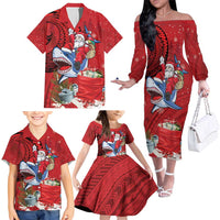Funny Santa Riding Shark Family Matching Off The Shoulder Long Sleeve Dress and Hawaiian Shirt Polynesian Tribal Christmas Spirit LT9 - Polynesian Pride