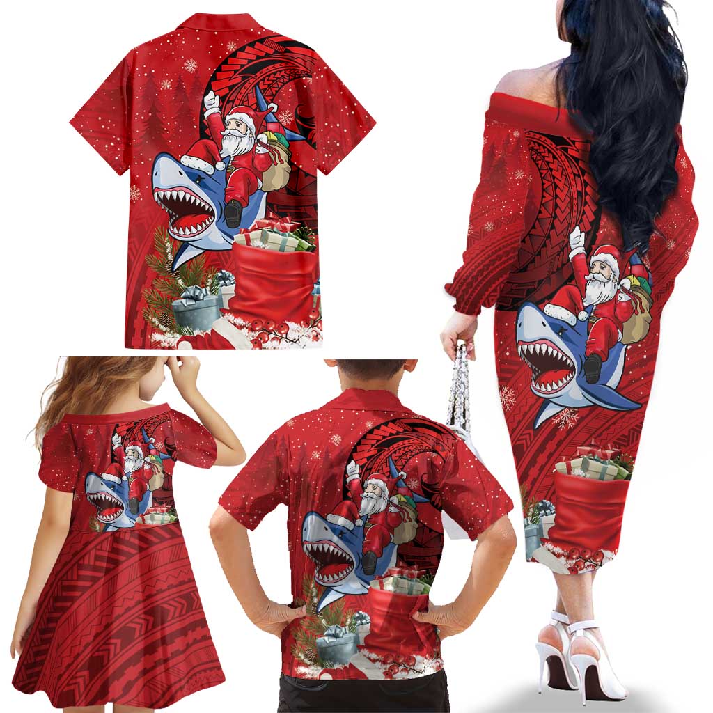 Funny Santa Riding Shark Family Matching Off The Shoulder Long Sleeve Dress and Hawaiian Shirt Polynesian Tribal Christmas Spirit LT9 - Polynesian Pride