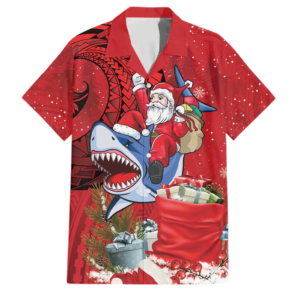 Funny Santa Riding Shark Family Matching Off The Shoulder Long Sleeve Dress and Hawaiian Shirt Polynesian Tribal Christmas Spirit LT9 Dad's Shirt - Short Sleeve Red - Polynesian Pride