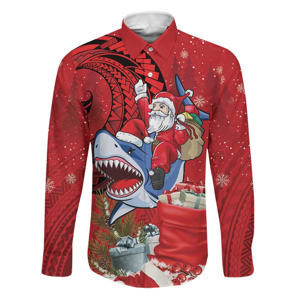Funny Santa Riding Shark Family Matching Off The Shoulder Long Sleeve Dress and Hawaiian Shirt Polynesian Tribal Christmas Spirit LT9 Dad's Shirt - Long Sleeve Red - Polynesian Pride