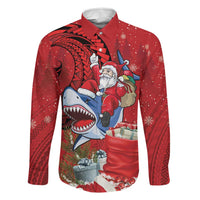 Funny Santa Riding Shark Family Matching Off The Shoulder Long Sleeve Dress and Hawaiian Shirt Polynesian Tribal Christmas Spirit LT9 Dad's Shirt - Long Sleeve Red - Polynesian Pride