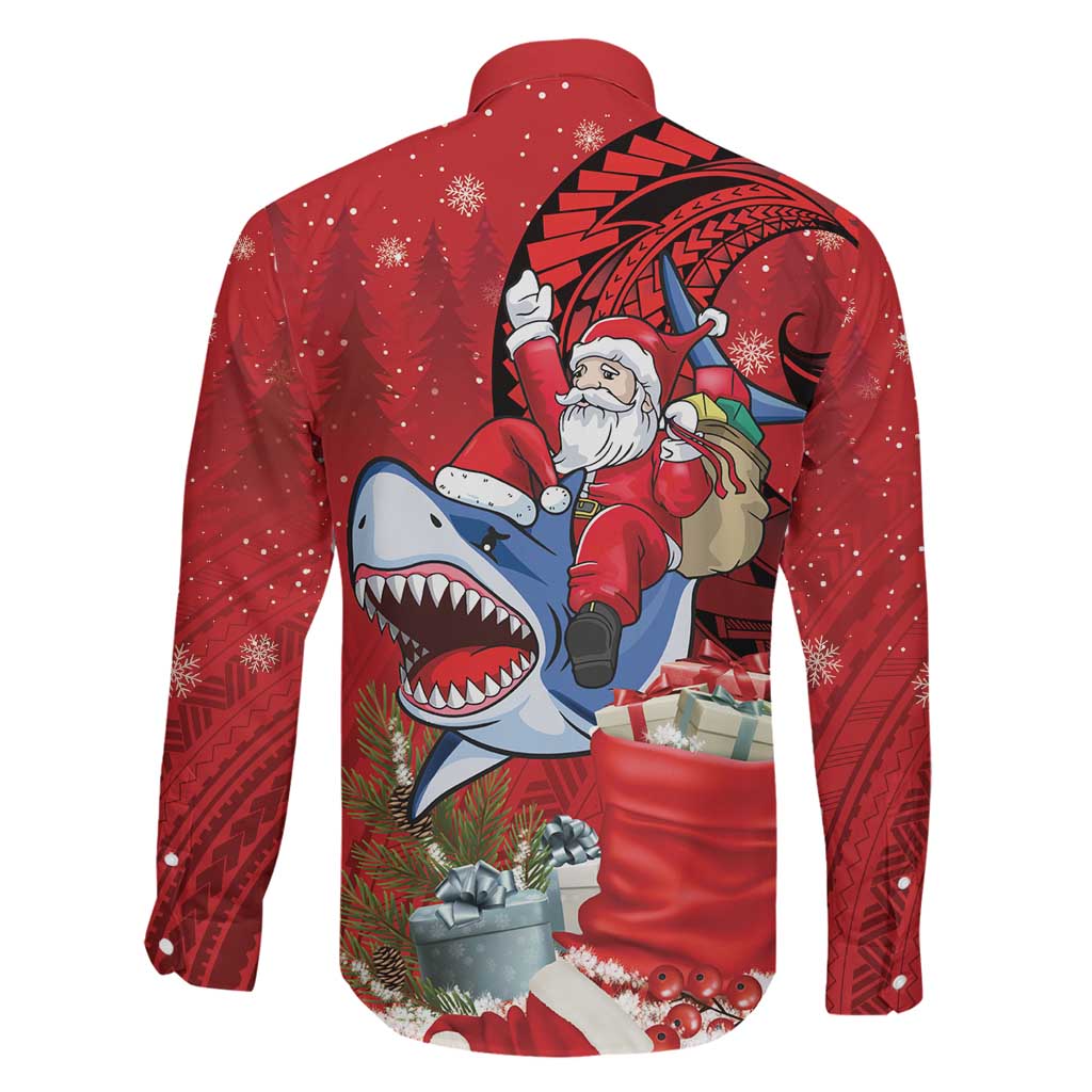 Funny Santa Riding Shark Family Matching Off The Shoulder Long Sleeve Dress and Hawaiian Shirt Polynesian Tribal Christmas Spirit LT9 - Polynesian Pride