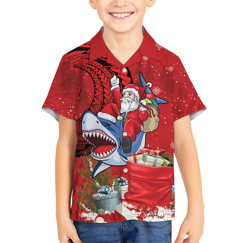 Funny Santa Riding Shark Family Matching Off The Shoulder Long Sleeve Dress and Hawaiian Shirt Polynesian Tribal Christmas Spirit LT9 Son's Shirt Red - Polynesian Pride