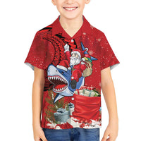 Funny Santa Riding Shark Family Matching Off The Shoulder Long Sleeve Dress and Hawaiian Shirt Polynesian Tribal Christmas Spirit LT9 Son's Shirt Red - Polynesian Pride