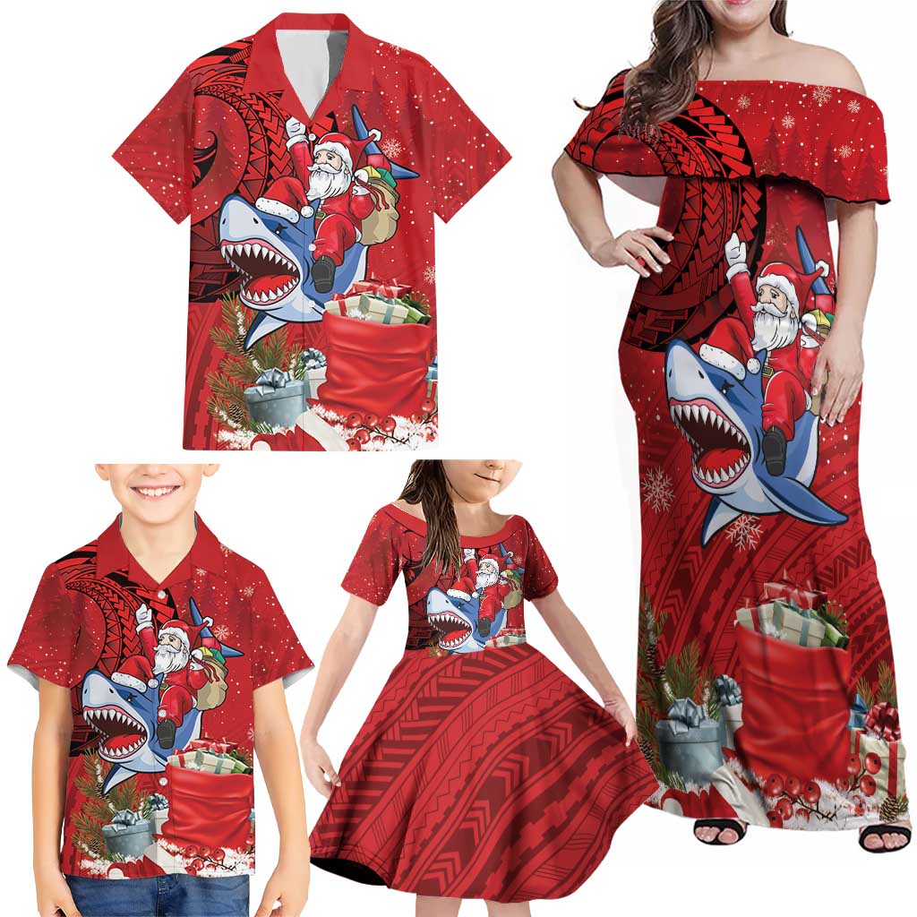 Funny Santa Riding Shark Family Matching Off Shoulder Maxi Dress and Hawaiian Shirt Polynesian Tribal Christmas Spirit - Polynesian Pride