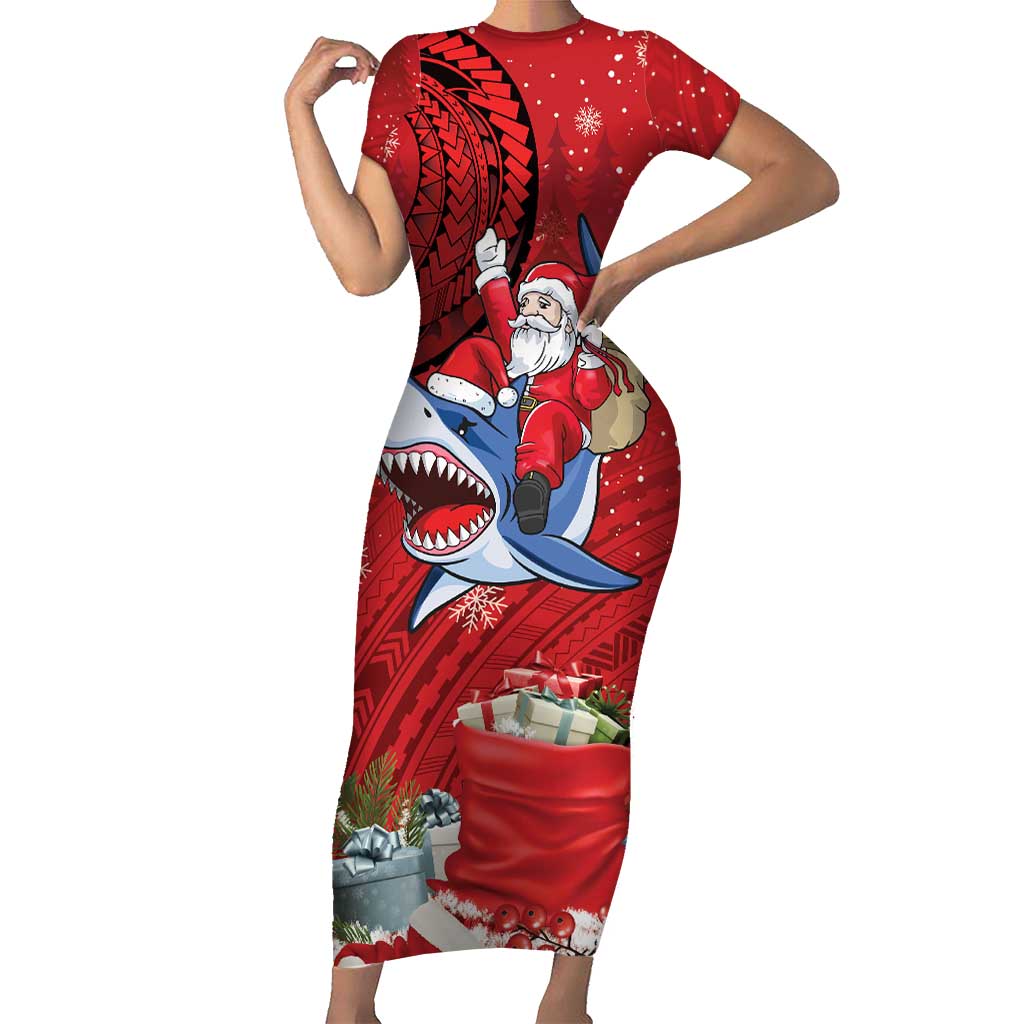 Funny Santa Riding Shark Family Matching Short Sleeve Bodycon Dress and Hawaiian Shirt Polynesian Tribal Christmas Spirit - Polynesian Pride