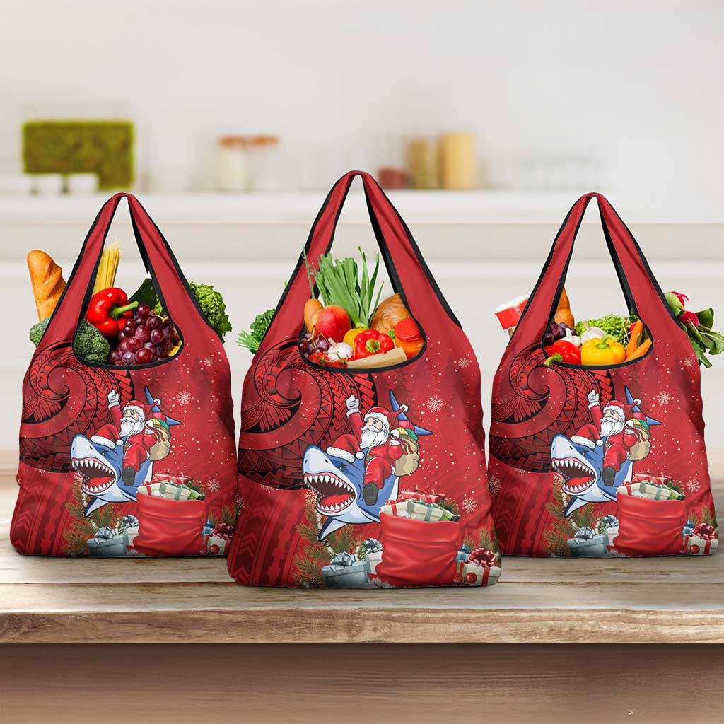 Funny Santa Riding Shark Grocery Bag Polynesian Tribal Christmas Spirit - Polynesian Pride