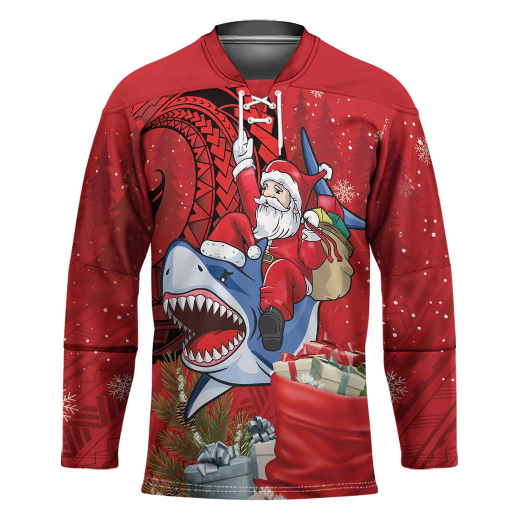 Funny Santa Riding Shark Hockey Jersey Polynesian Tribal Christmas Spirit LT9 Unisex Red - Polynesian Pride