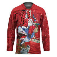 Funny Santa Riding Shark Hockey Jersey Polynesian Tribal Christmas Spirit LT9 Unisex Red - Polynesian Pride