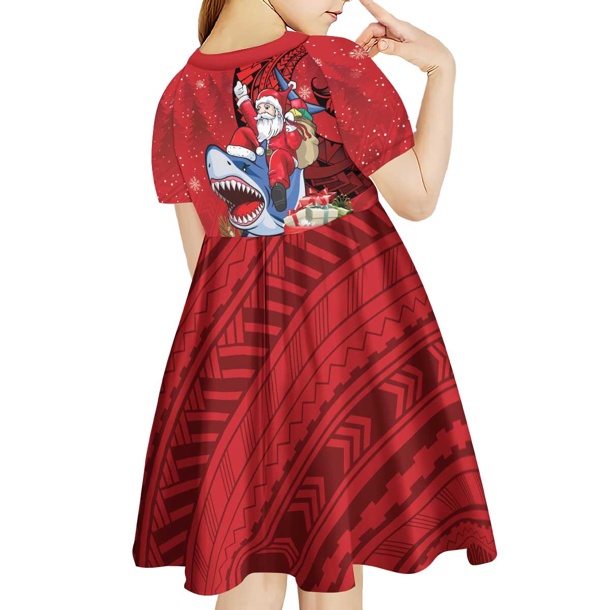 Funny Santa Riding Shark Kid Short Sleeve Dress Polynesian Tribal Christmas Spirit - Polynesian Pride