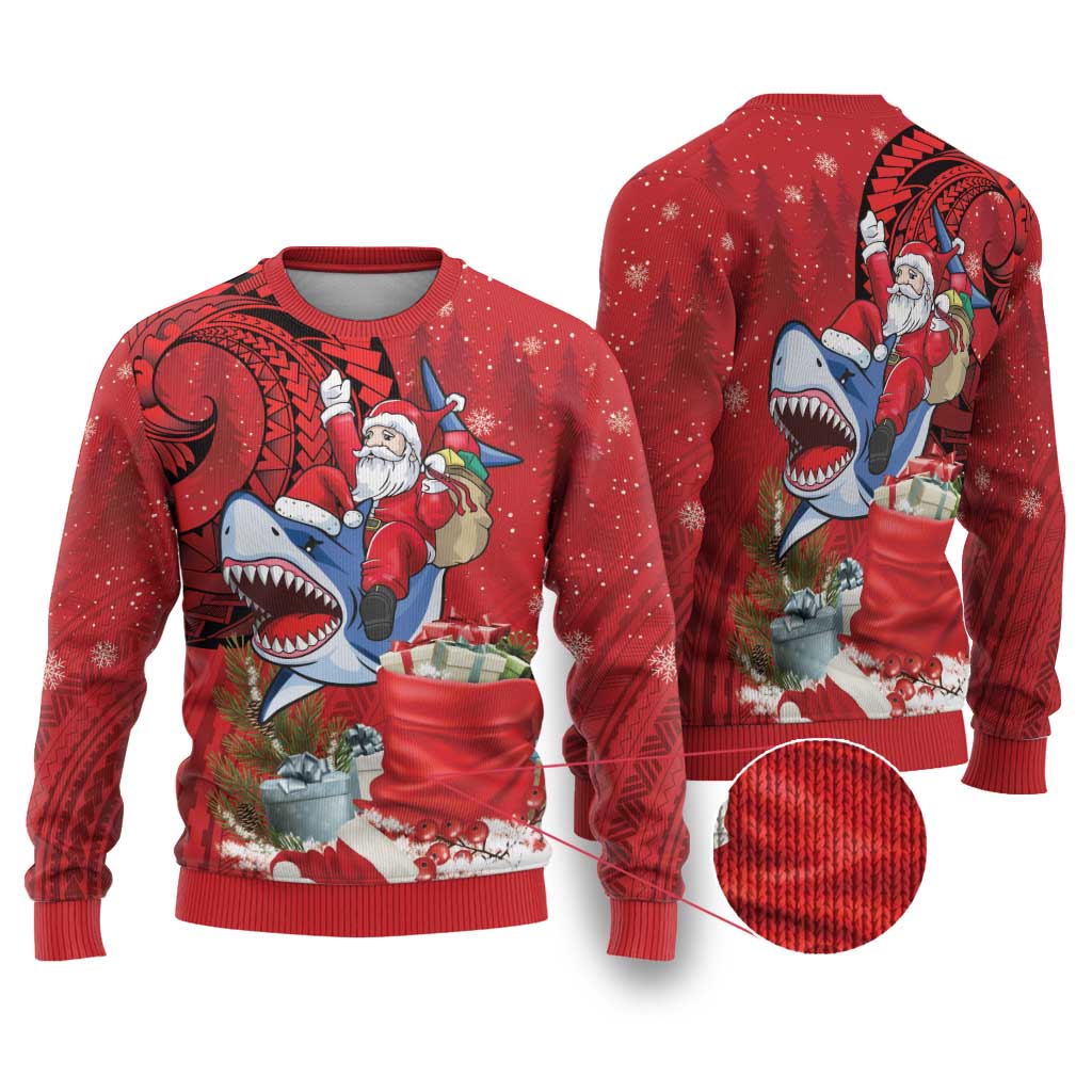 Funny Santa Riding Shark Ugly Christmas Sweater Polynesian Tribal Christmas Spirit - Polynesian Pride