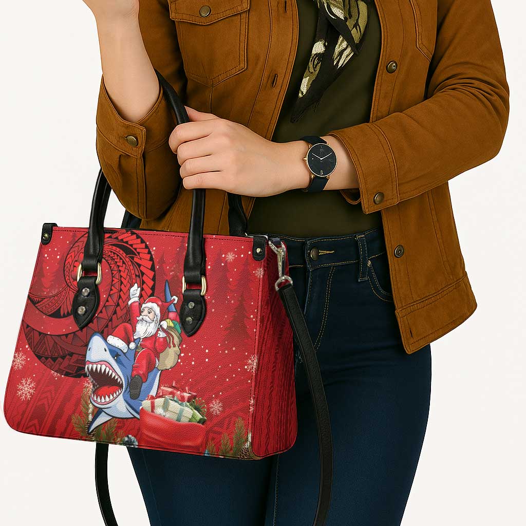 Funny Santa Riding Shark Leather Bag Polynesian Tribal Christmas Spirit - Polynesian Pride