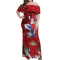 Funny Santa Riding Shark Off Shoulder Maxi Dress Polynesian Tribal Christmas Spirit - Polynesian Pride