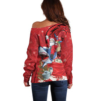 Funny Santa Riding Shark Off Shoulder Sweater Polynesian Tribal Christmas Spirit - Polynesian Pride