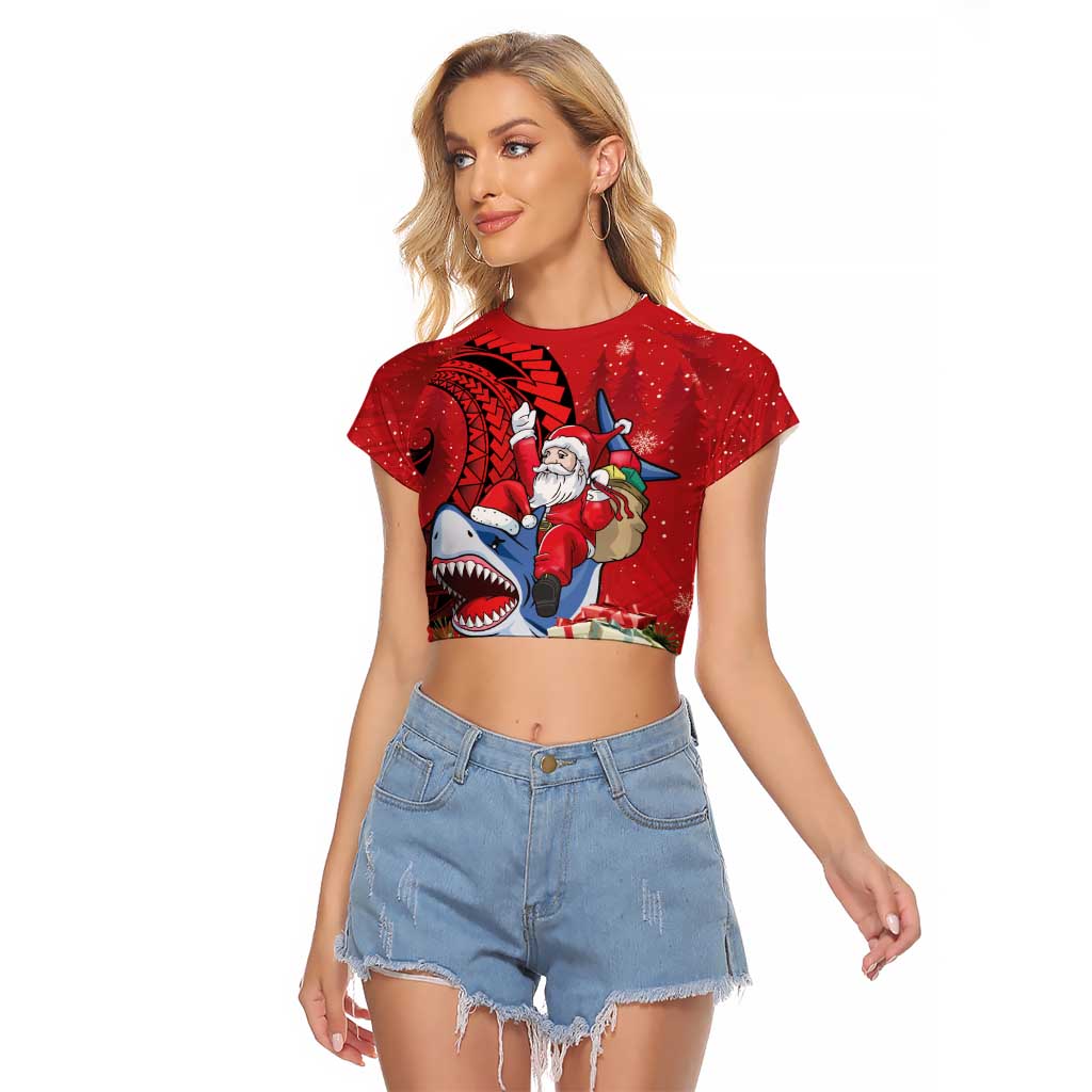 Funny Santa Riding Shark Raglan Cropped T Shirt Polynesian Tribal Christmas Spirit - Polynesian Pride