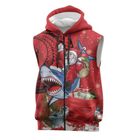 Funny Santa Riding Shark Sleeveless Zip Hoodie Polynesian Tribal Christmas Spirit LT9 Red - Polynesian Pride