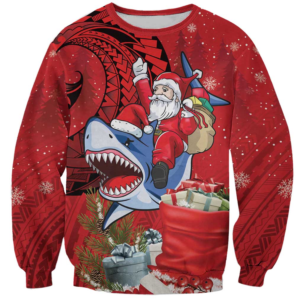 Funny Santa Riding Shark Sweatshirt Polynesian Tribal Christmas Spirit LT9 Unisex Red - Polynesian Pride